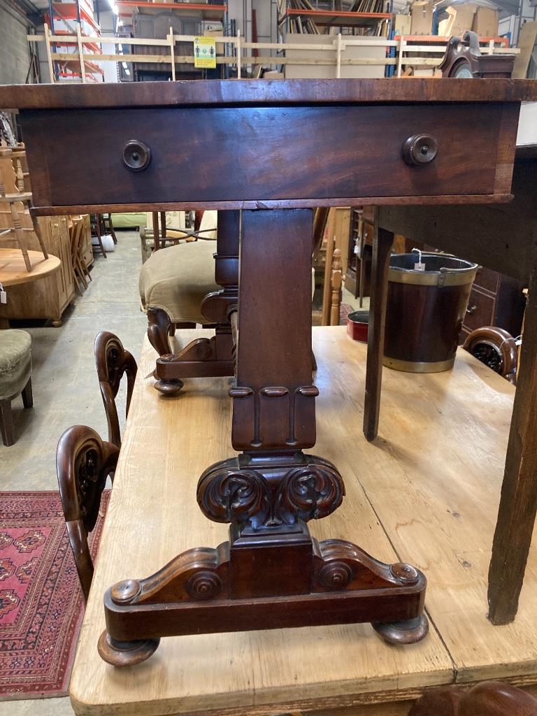 A Victorian carved mahogany two drawer centre table, width 106cm depth 54cm height 74cm